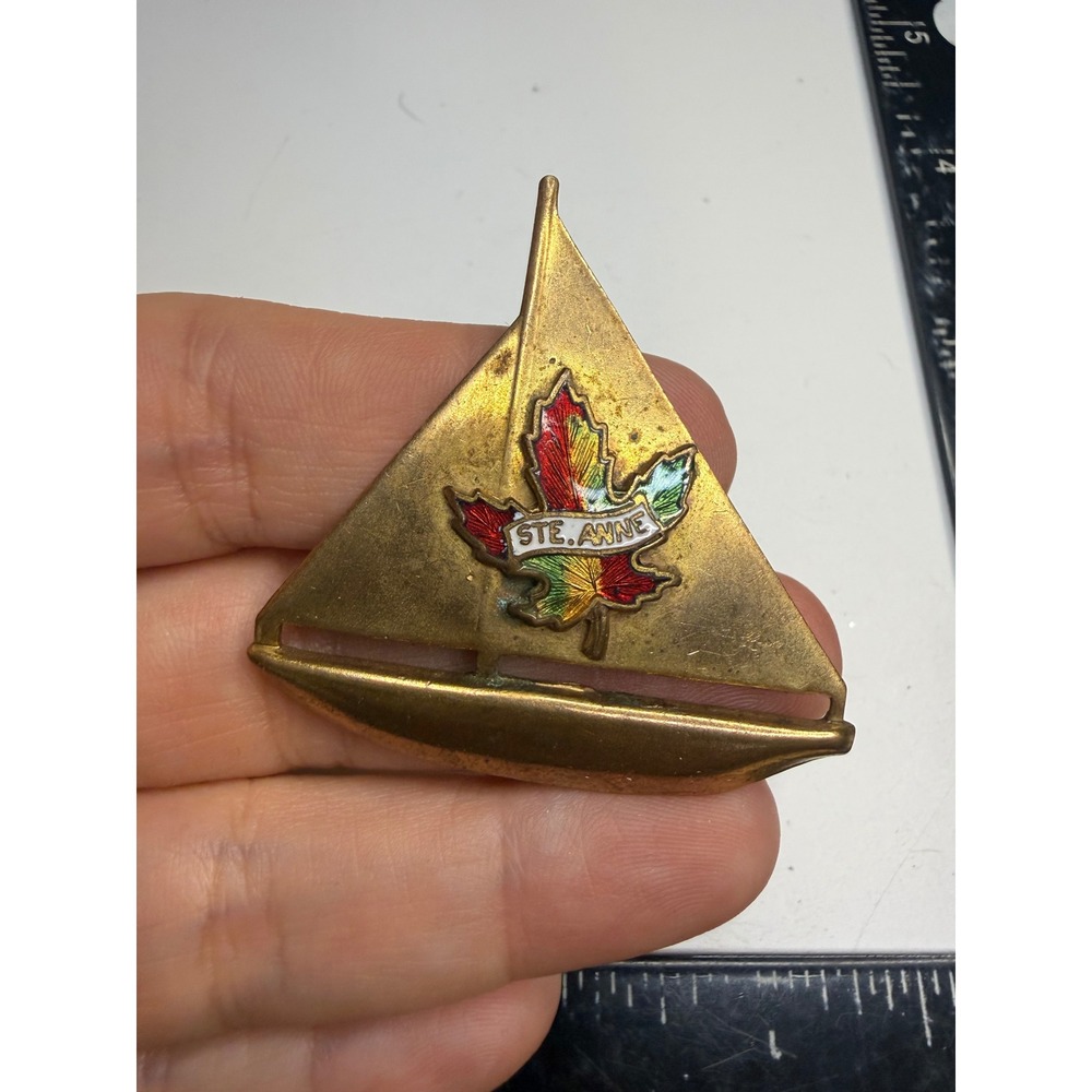 Vintage Ste. Anne Canada Sailboat Brooch Brass Enamel Maple Leaf Souvenir Pin